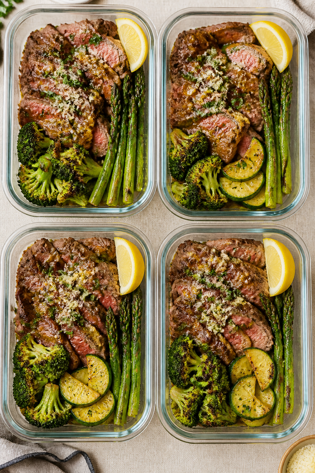 Final dish presentation: Beautifully plated Keto Garlic Parmesan Steak Meal Prep bowls—of four gla