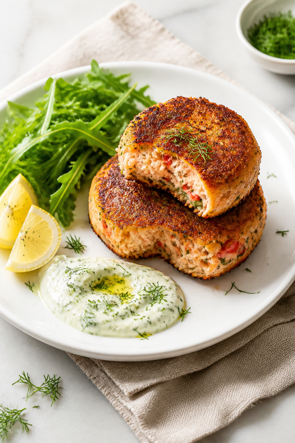 Final dish presentation: Beautifully plated Keto Salmon Patties with Sun-Dried Tomatoes stacked slig