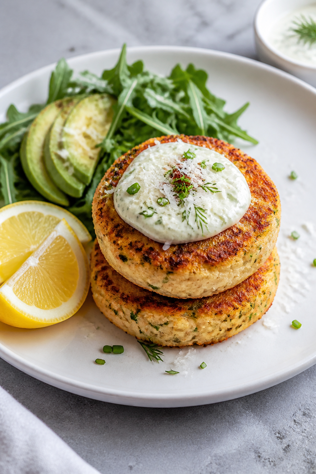 Final dish presentation: Beautifully plated Keto Salmon Cakes with Garlic Parmesan Aioli on a matte