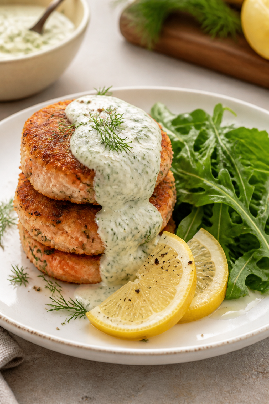 Final dish presentation: Beautifully plated keto salmon patties stacked on a white ceramic plate wit