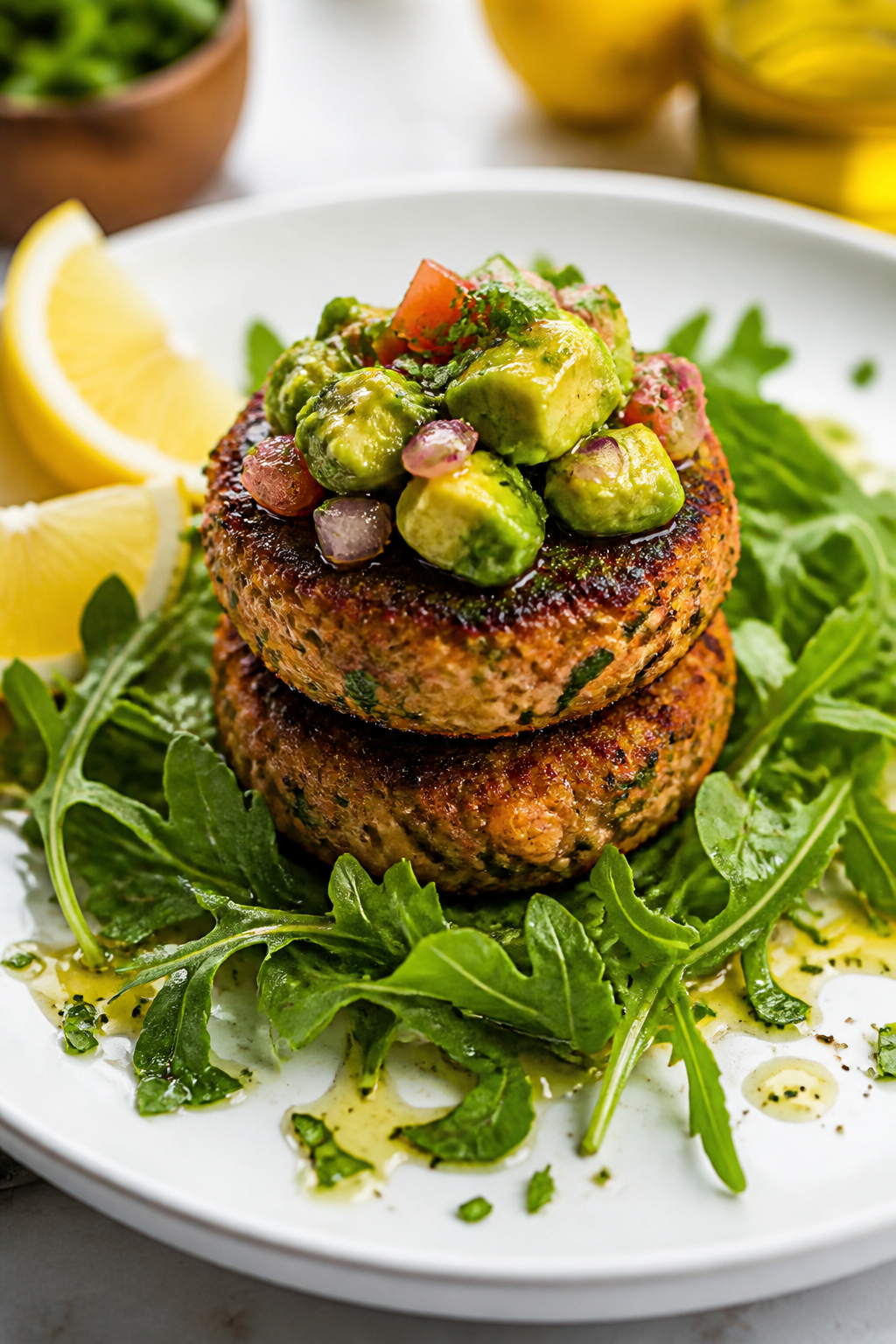 Final dish presentation: Beautifully plated Keto Salmon Cakes with Avocado Salsa—two stacked cakes