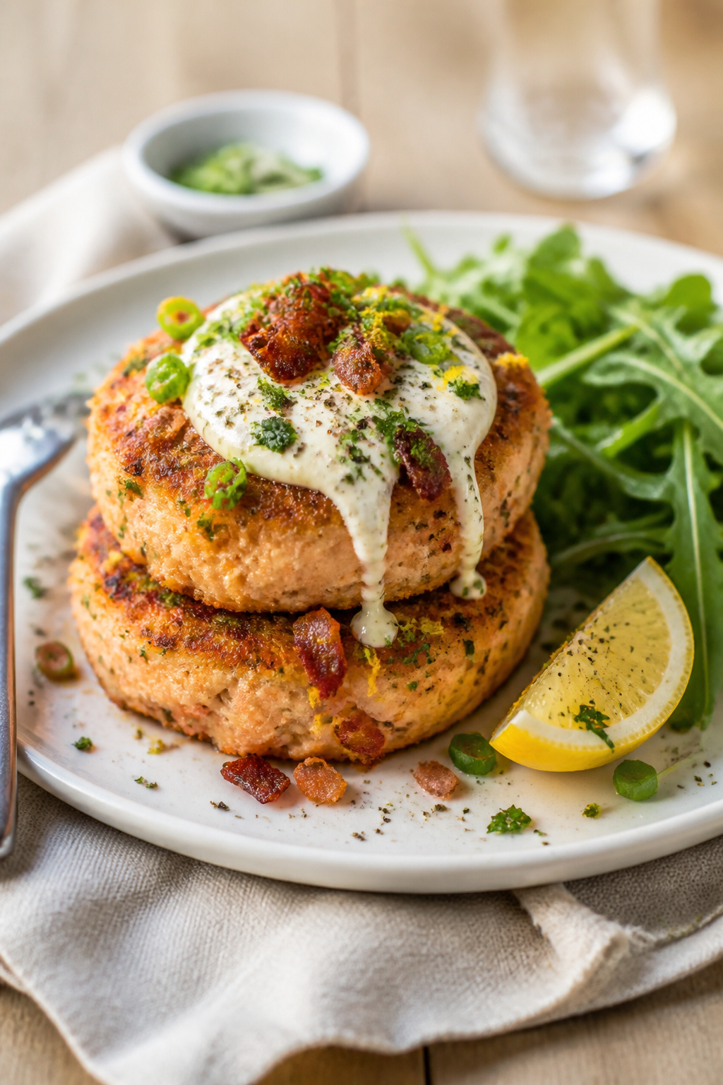 Final dish presentation: Beautifully plated Loaded Bacon Ranch Keto Salmon Cakes stacked two-high on