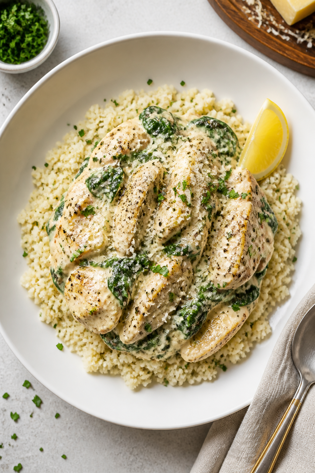 Final dish presentation: Beautifully plated Low Carb Chicken Alfredo over cauliflower rice in a wide