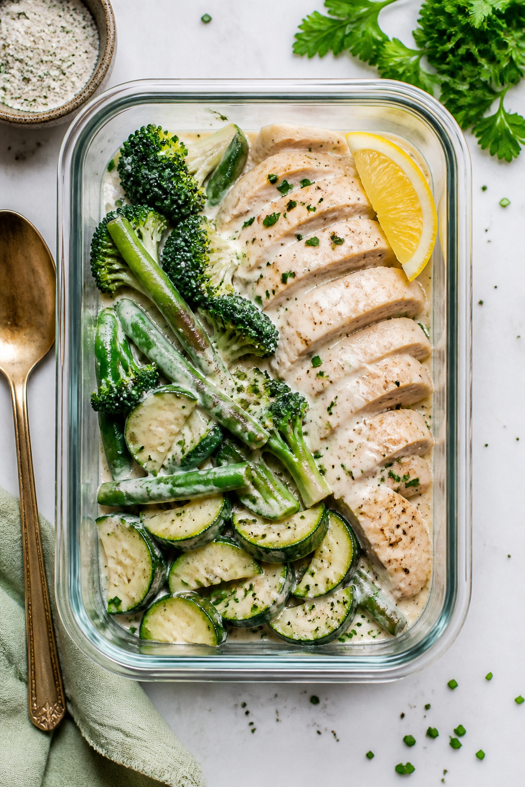 Final dish presentation: Beautifully plated Low Carb Creamy Ranch Chicken Meal Prep in an open glass