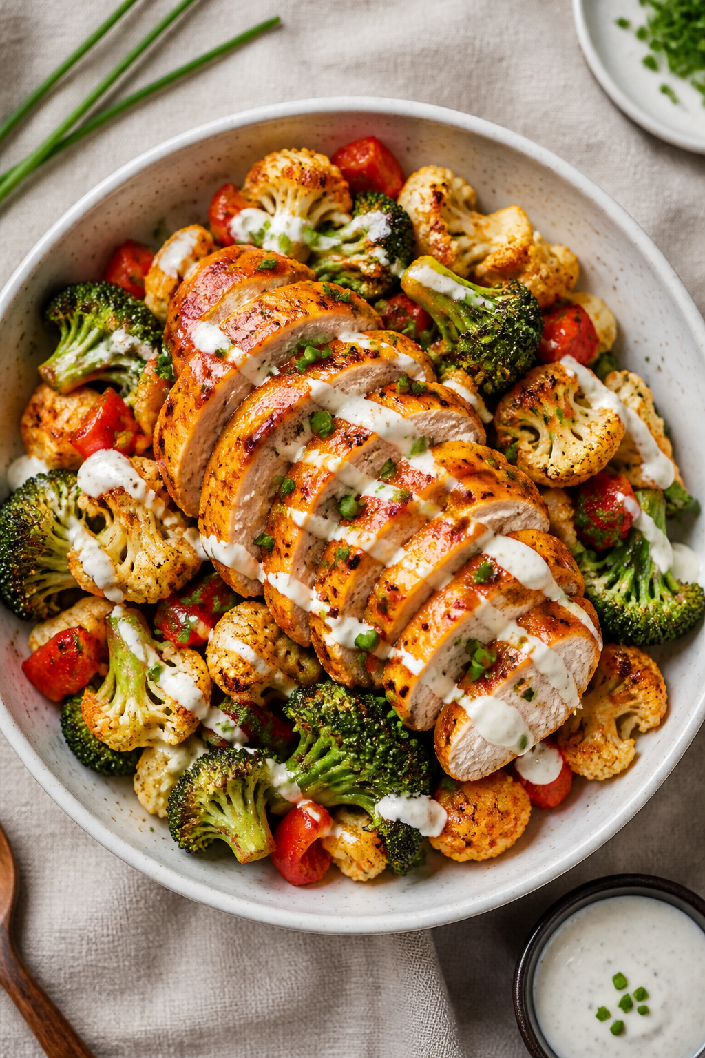 Final dish presentation: Beautifully plated low-carb buffalo chicken meal prep bowl—sliced buffalo