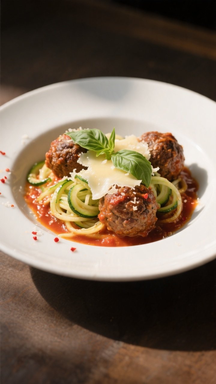 Final dish presentation: Beautifully plated meatball parmesan served over zucchini noodles in a wide