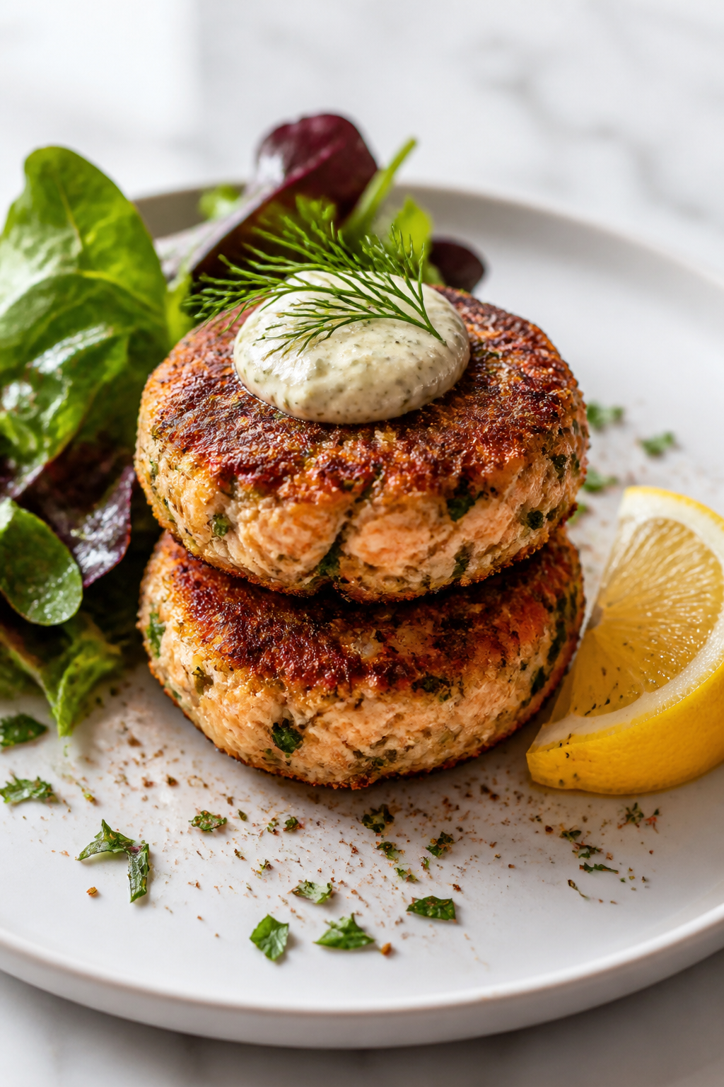 Final dish presentation: Beautifully plated Old Bay keto salmon cakes (two medium patties) stacked s