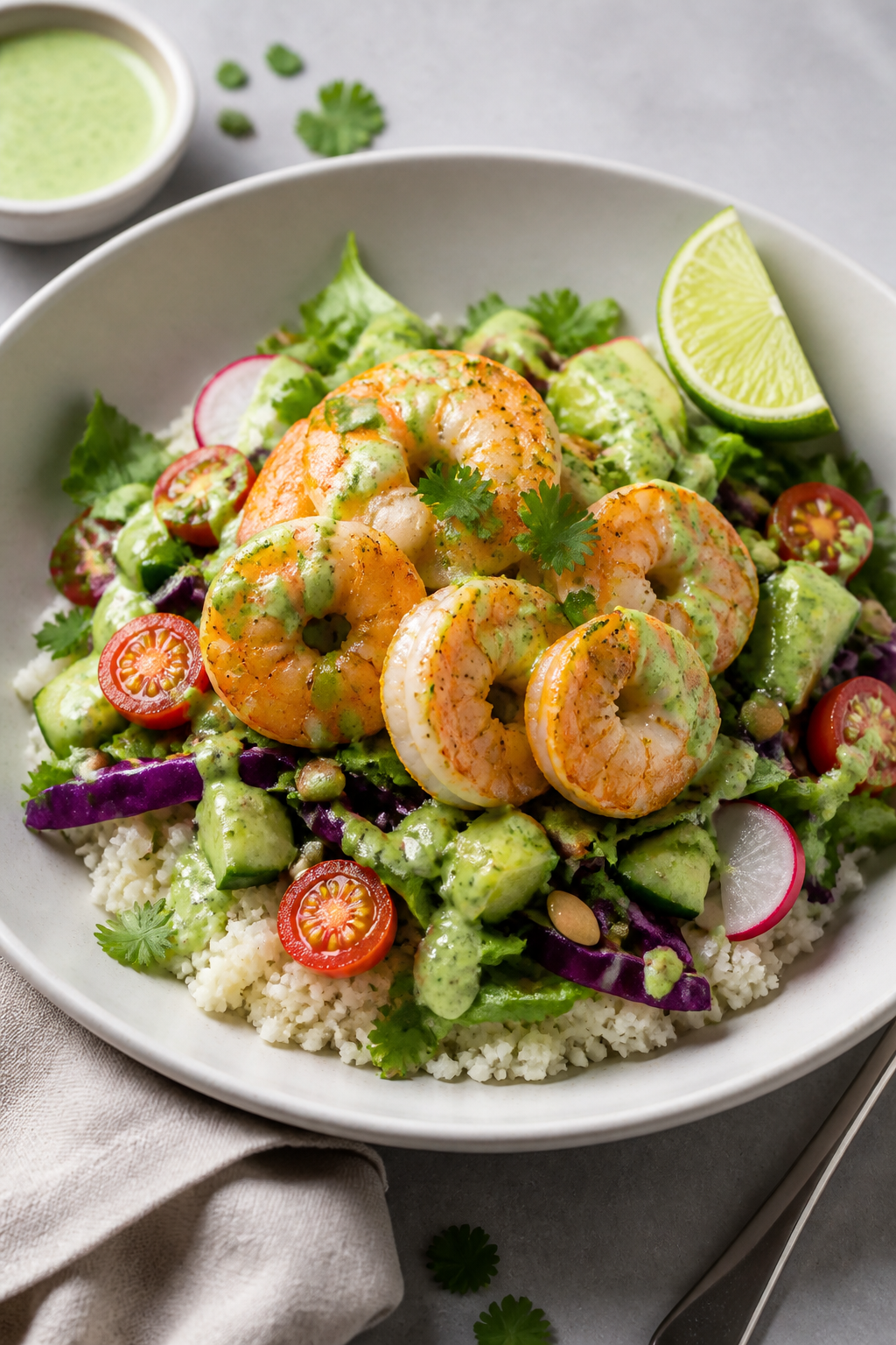 Final dish presentation: Beautifully plated single shrimp keto bowl in a wide, shallow white ceramic