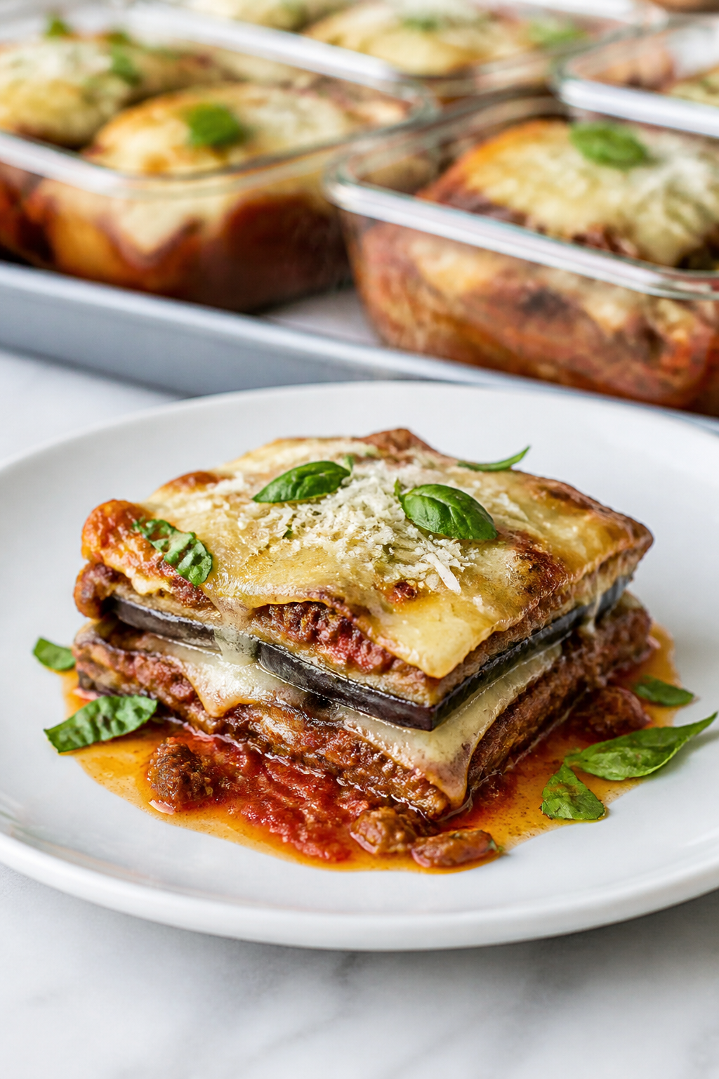 Final dish presentation: Beautifully plated square of Keto Sausage Eggplant Bake on a matte white pl