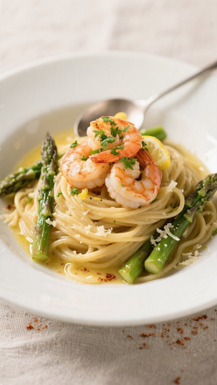Final dish presentation: Garlic Butter Shrimp & Asparagus plated over silky linguine, twirled into a