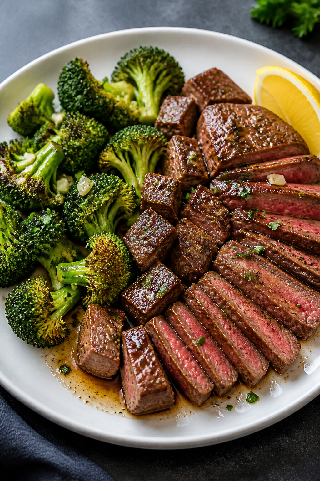 Final dish presentation: Garlic Butter Steak and Broccoli Keto Meal Prep plated restaurant-style—j