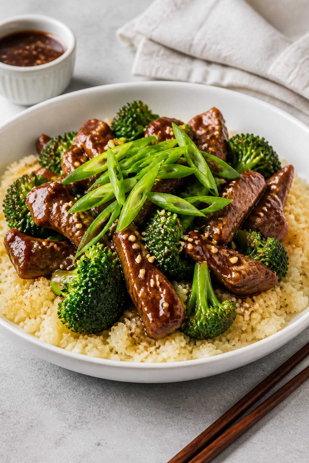 Final dish presentation: Keto beef and broccoli over a fluffy bed of golden-edged cauliflower rice, 