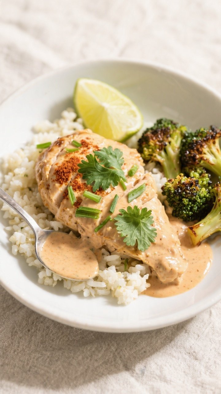Final dish presentation: Keto Crockpot Chipotle Ranch Chicken artfully plated over fluffy cauliflowe