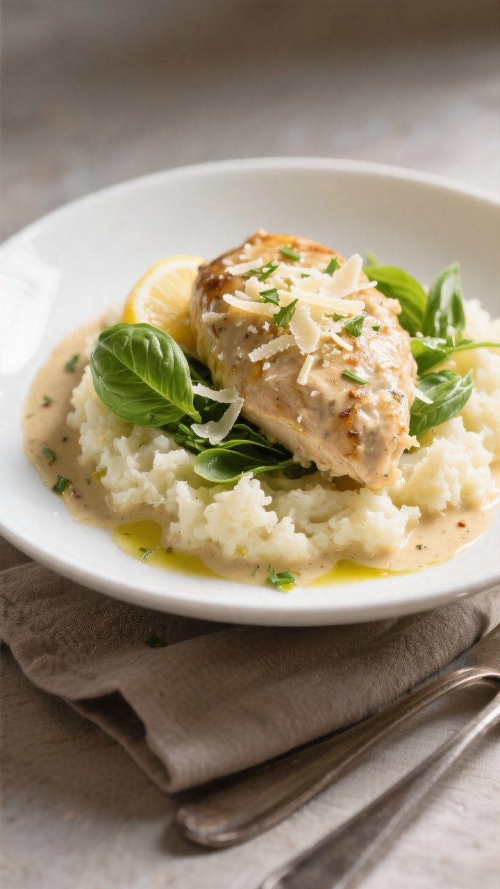 Final dish presentation: Keto Crockpot Creamy Italian Chicken elegantly plated over buttery cauliflo