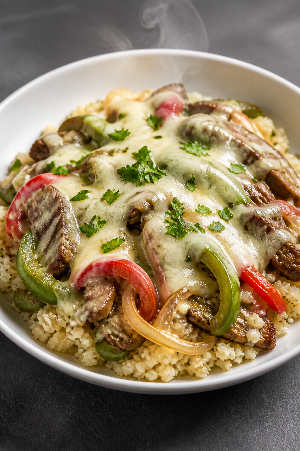 Final dish presentation: Low Carb Philly Cheesesteak Bowl plated over fluffy cauliflower rice in a w