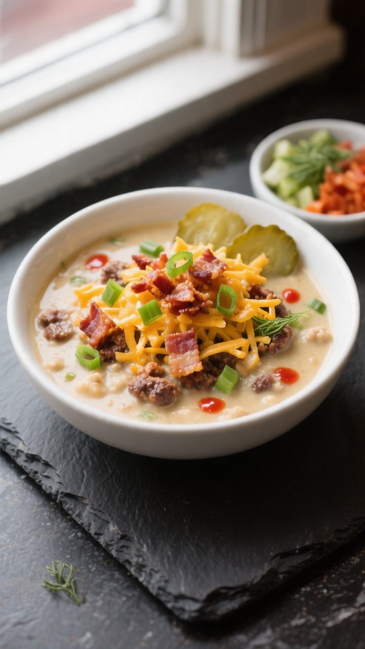Final dish presentation: Restaurant-quality bowl of Keto Crockpot Bacon Cheeseburger Chowder, beauti