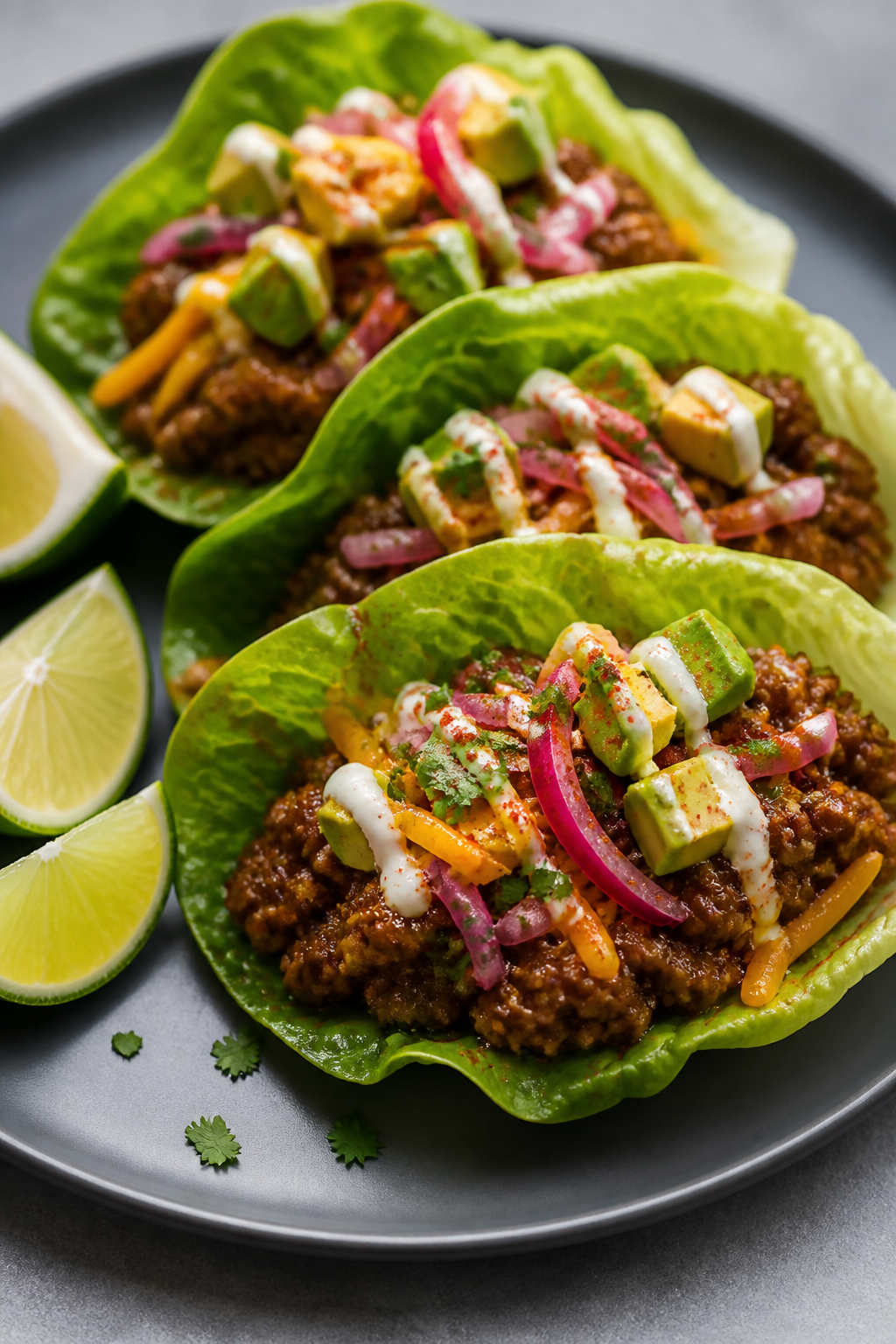 Final dish presentation: Restaurant-quality lettuce wrap tacos on a slate-gray plate—butter lettuc