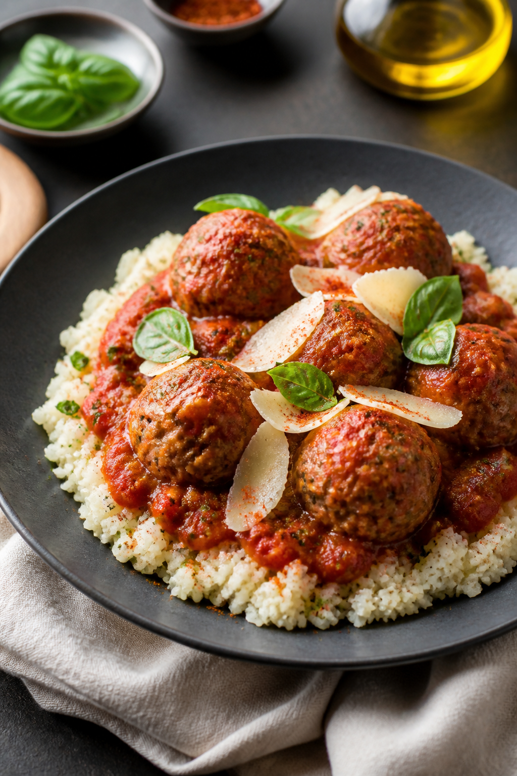 Final dish presentation: Restaurant-quality plate of Italian-style turkey meatballs nestled on garli