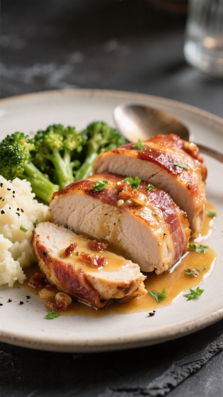 Final dish presentation: Restaurant-quality plated Keto Crockpot Bacon Wrapped Chicken, two sliced m