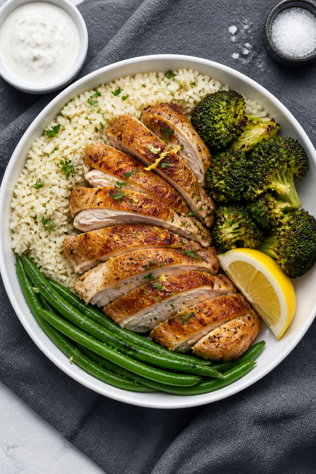 Final dish presentation: Restaurant-quality plated keto meal prep bowl featuring sliced crispy chick