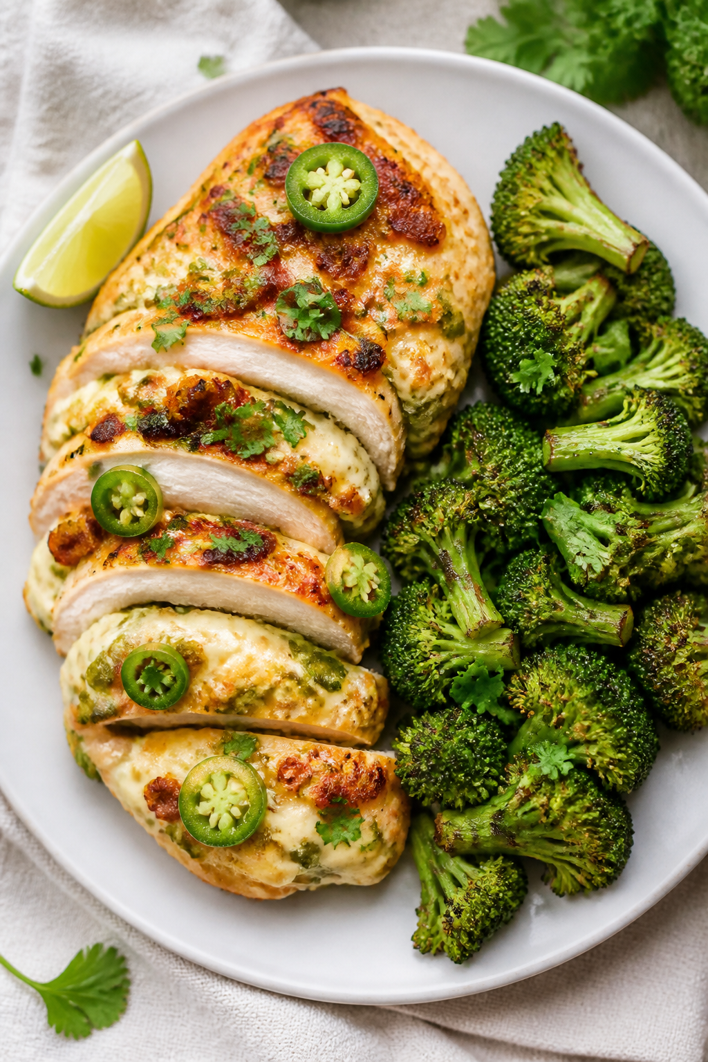 Final dish presentation: Restaurant-quality plated serving of keto jalapeno popper chicken with a si