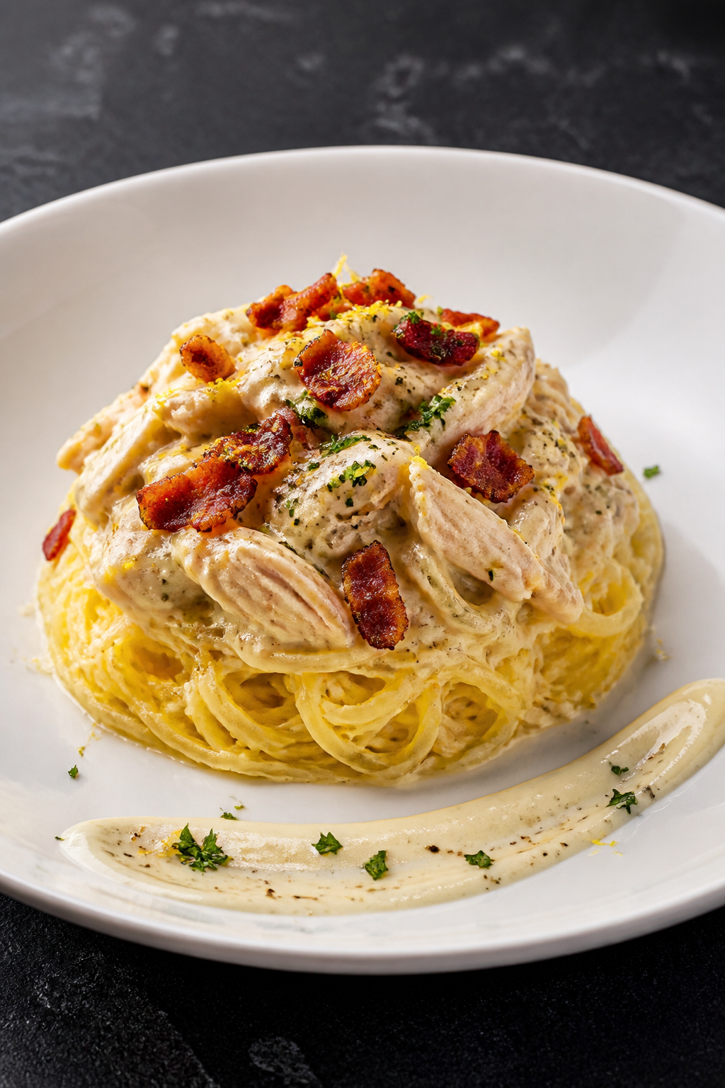 Final dish presentation: Restaurant-quality plated Chicken Bacon Alfredo over roasted spaghetti squa