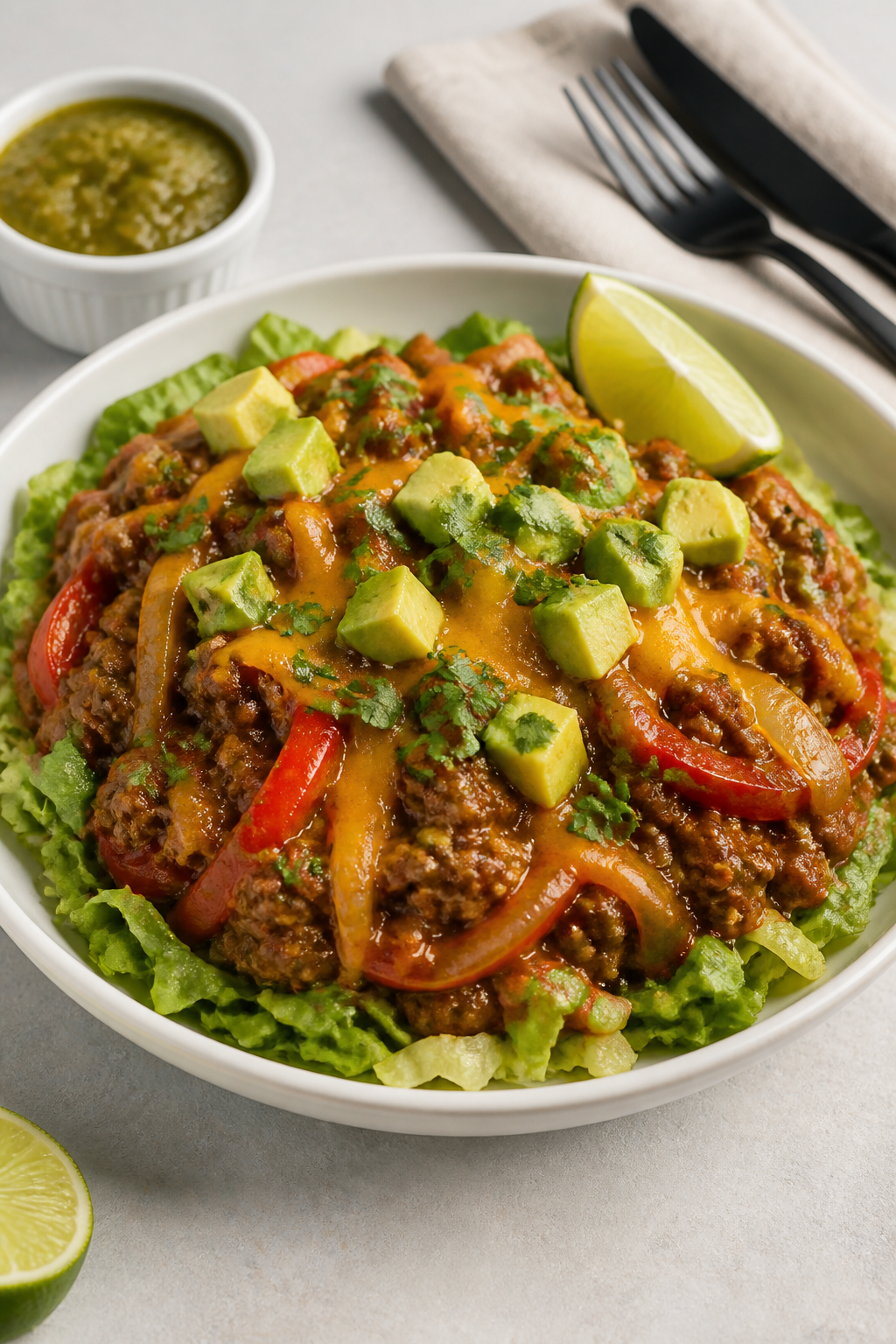 Final dish presentation: Restaurant-quality plated keto beef taco skillet served in a shallow white 