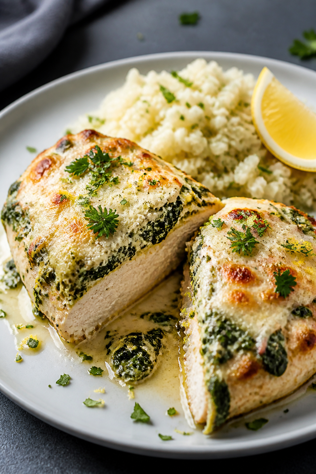 Final dish presentation: Restaurant-quality plated Keto Spinach Artichoke Chicken on a matte white d