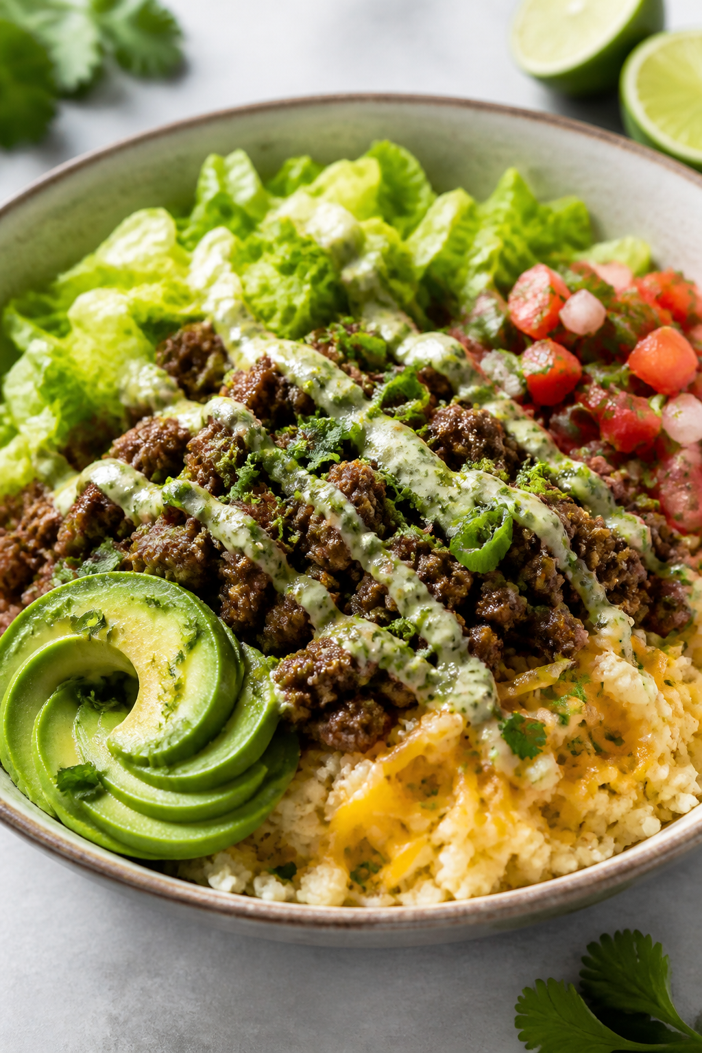 Final dish presentation: Restaurant-quality plated Keto Beef Burrito Bowl in a shallow, wide ceramic