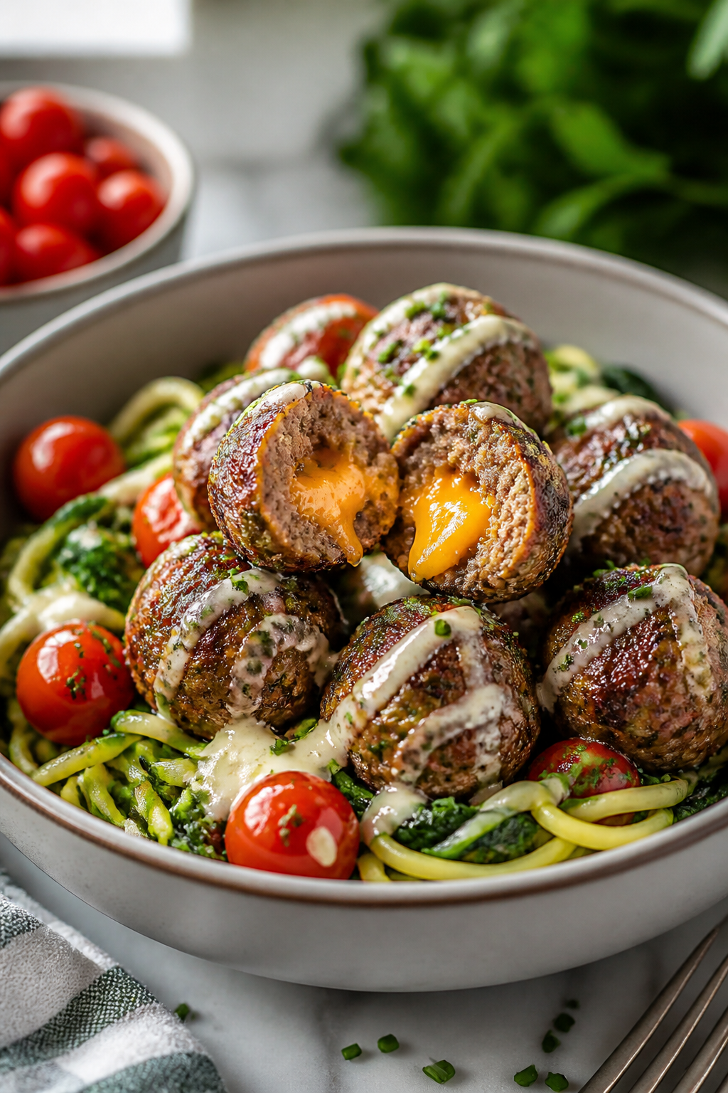Final dish presentation: Restaurant-quality plated bowl featuring cheese-stuffed meatballs cut open 