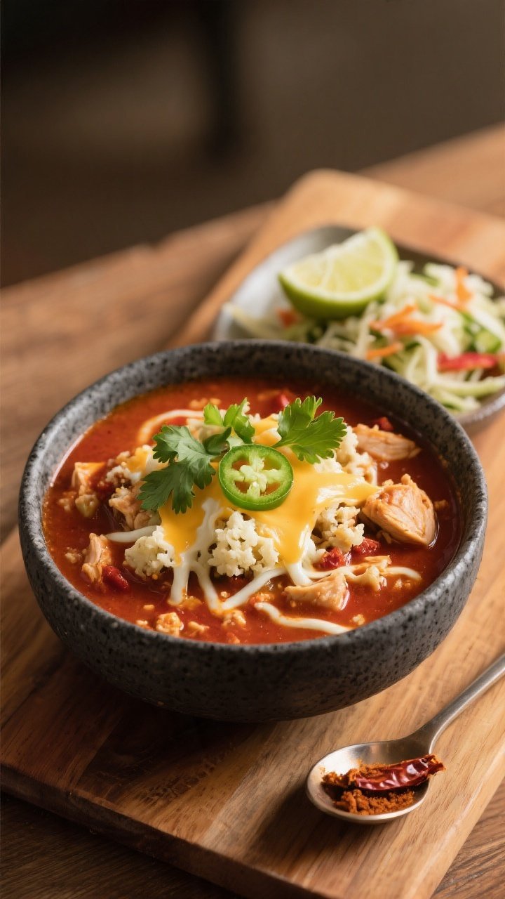 Final dish presentation: Restaurant-quality plated bowl of Keto Crockpot Chicken Enchilada Soup with