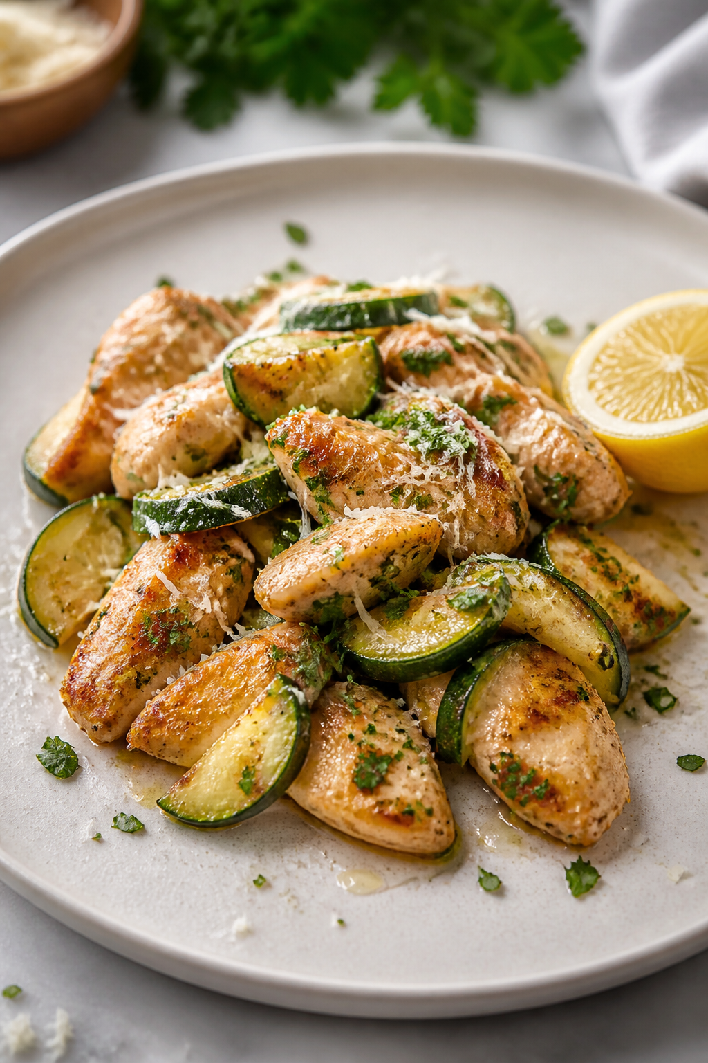 Final dish presentation: Restaurant-quality plated serving of Keto Garlic Parmesan Chicken and Zucch