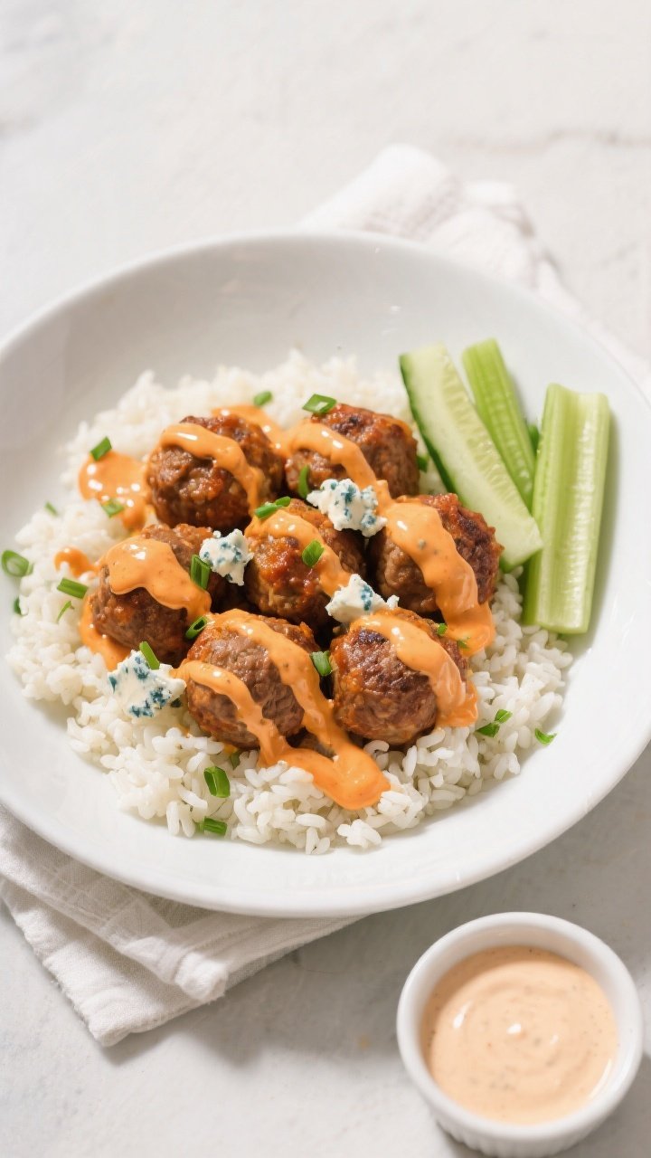 Final dish presentation: Restaurant-quality plating of buffalo ranch meatballs arranged in a shallow