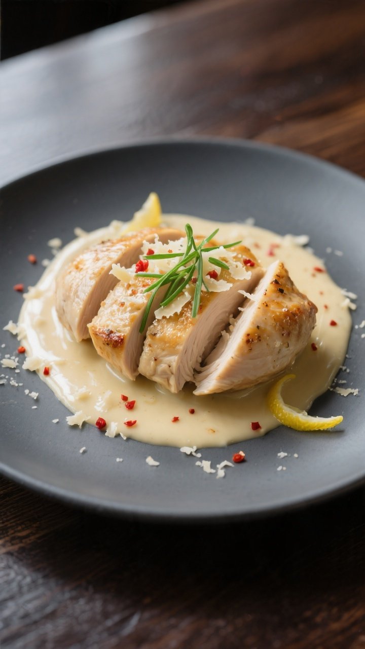 Final dish presentation: Restaurant-quality plating of chicken breasts halved and fanned out, napped