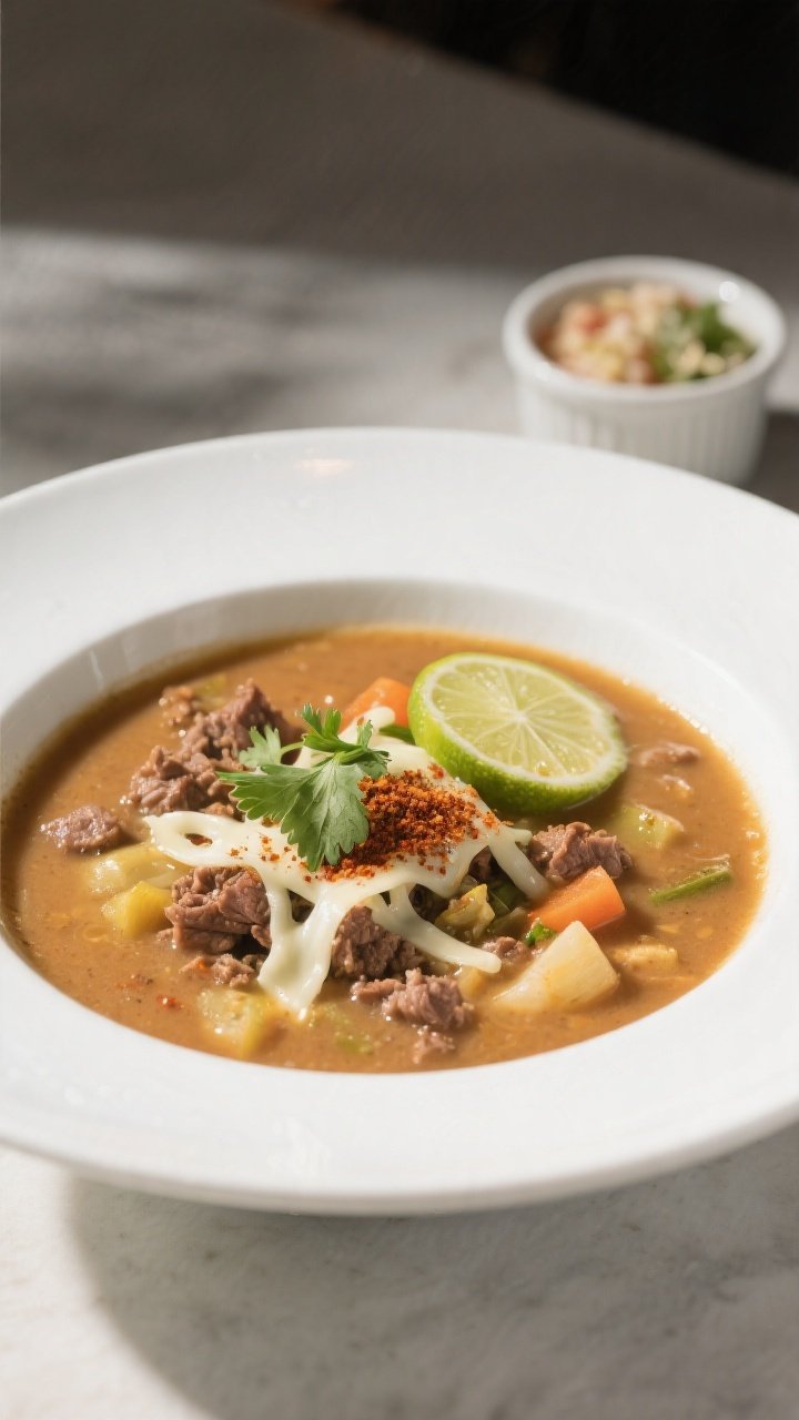 Final dish presentation: Restaurant-quality plating of the soup in a wide, white shallow bowl, showi
