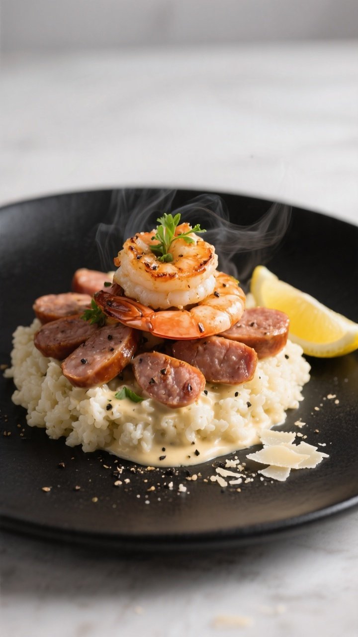 Final dish presentation: Restaurant-quality plating of the creamy garlic shrimp and sausage over ric