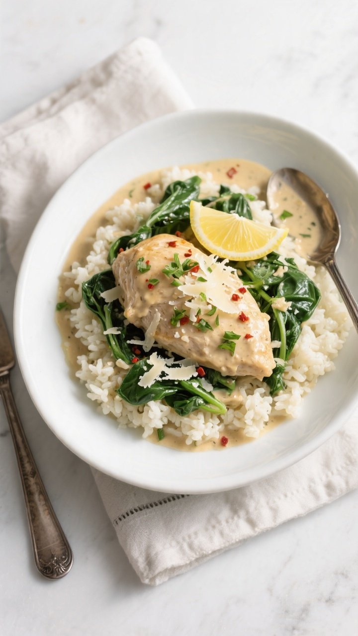 Final dish presentation: Restaurant-quality plating of Keto Crockpot Creamy Spinach Chicken spooned 