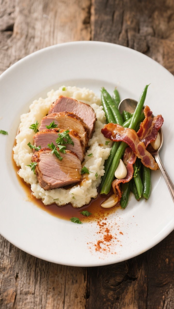 Final dish presentation: Restaurant-quality plating of keto garlic bacon pork loin fanned over cream