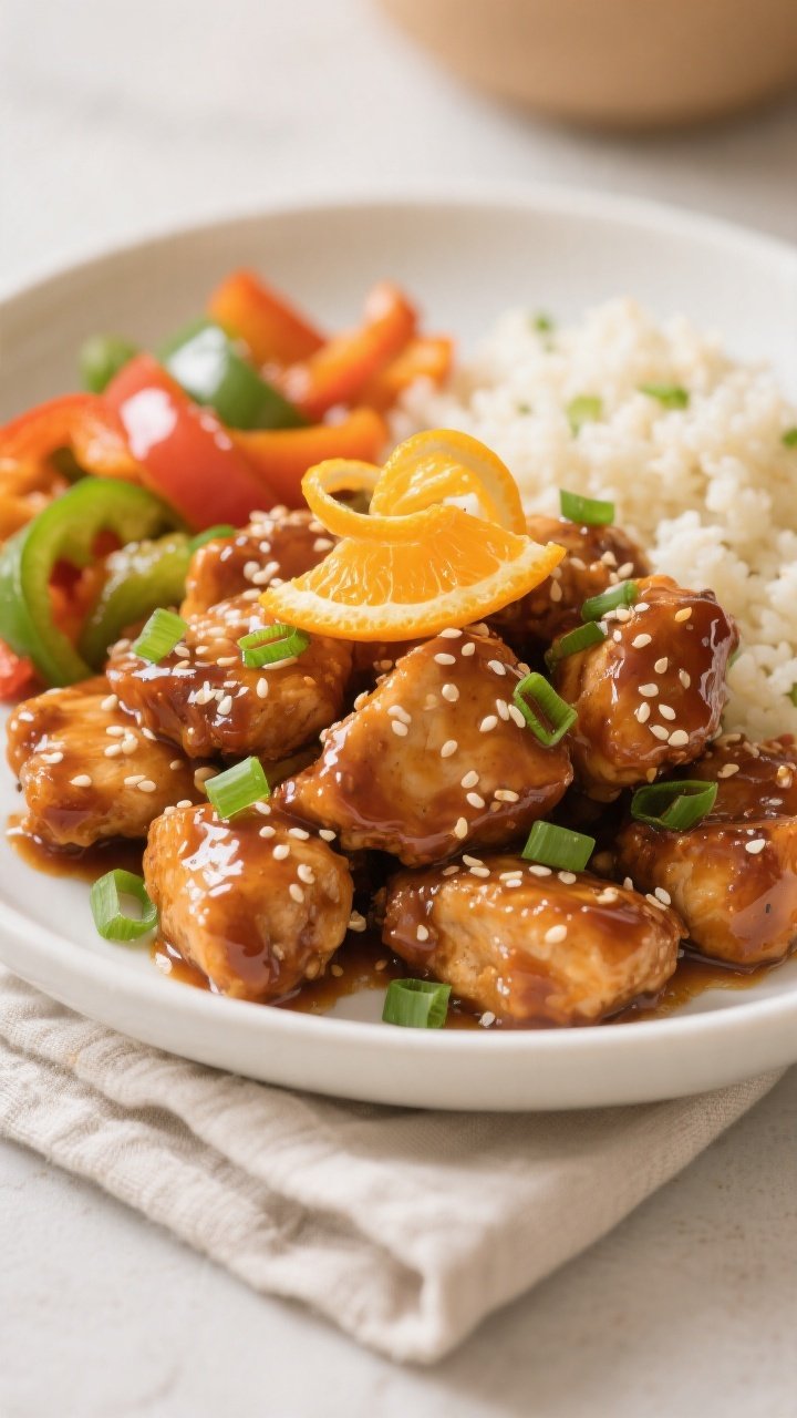 Final dish presentation: Restaurant-quality plating of keto orange chicken piled in a shallow white 