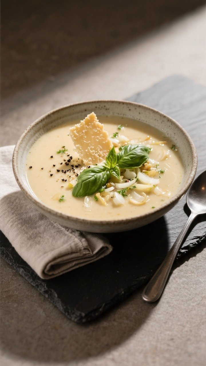 Final dish presentation: Restaurant-quality plating of the soup in a shallow stoneware bowl, thick, 