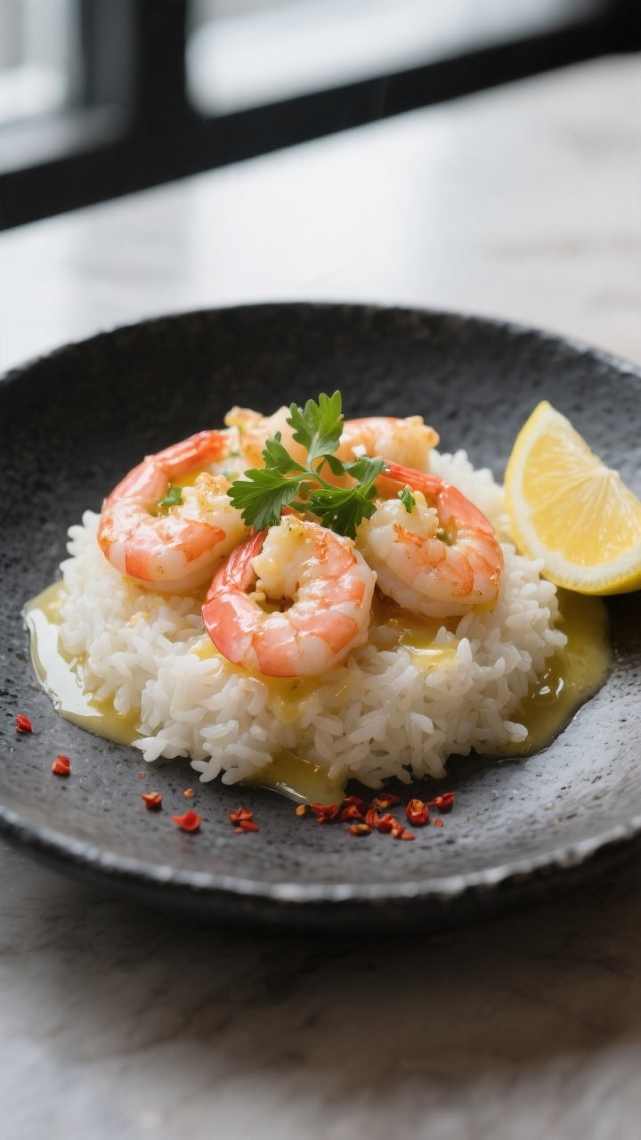 Final dish presentation: Restaurant-quality plating of lemon butter shrimp over fluffy white rice in