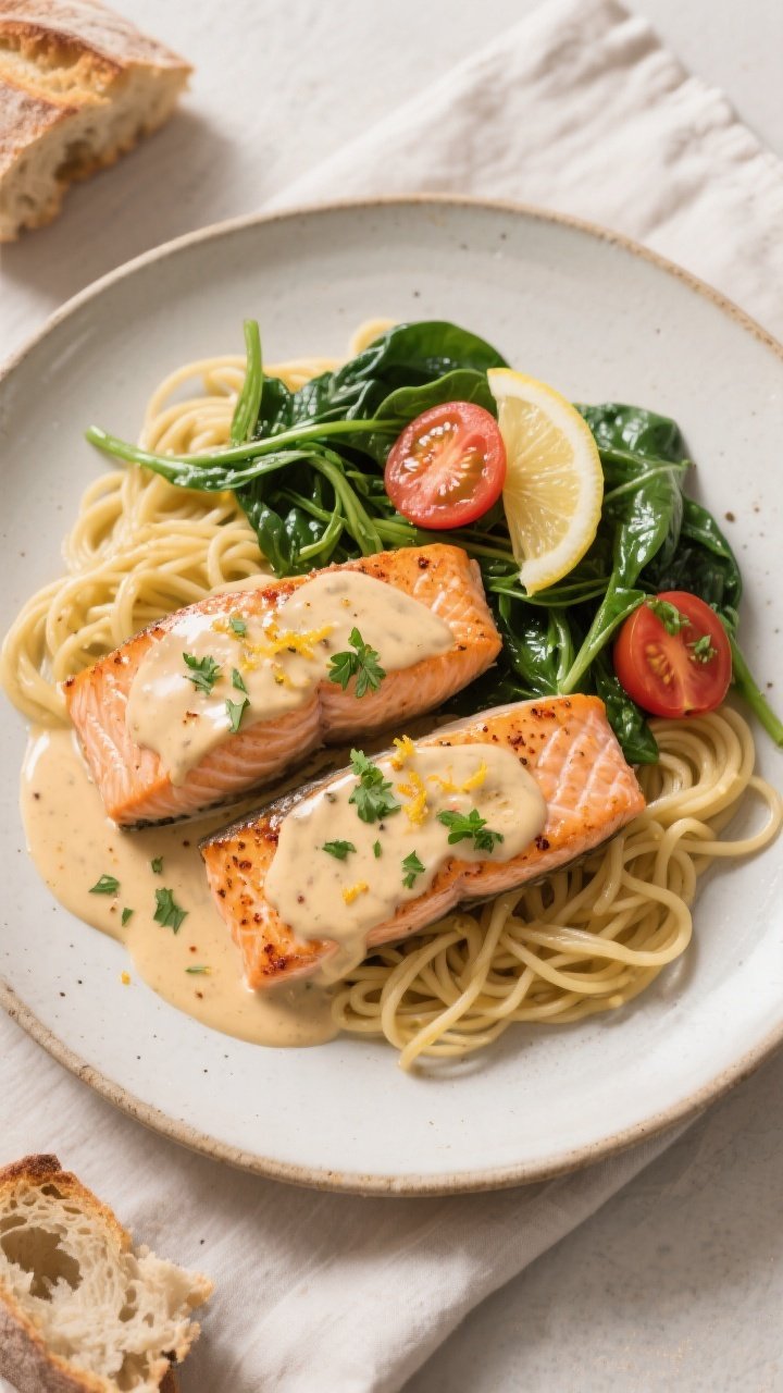 Final dish presentation: Restaurant-quality plating of Creamy Cajun Garlic Butter Salmon—two fille