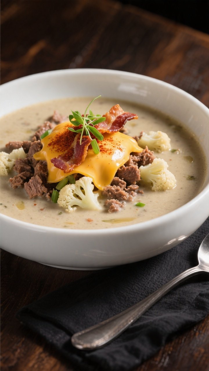 Final dish presentation: Restaurant-quality plating of the soup in a wide, shallow white bowl, showc
