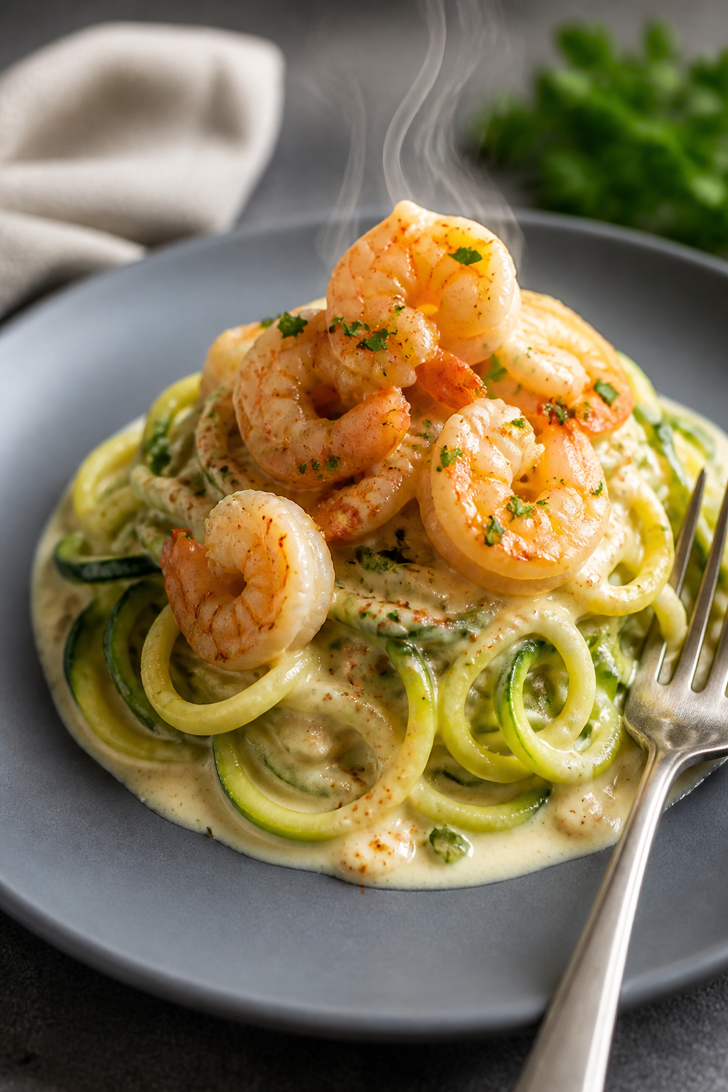 Final dish presentation: Restaurant-quality plating of the shrimp Alfredo over a neat nest of zoodle