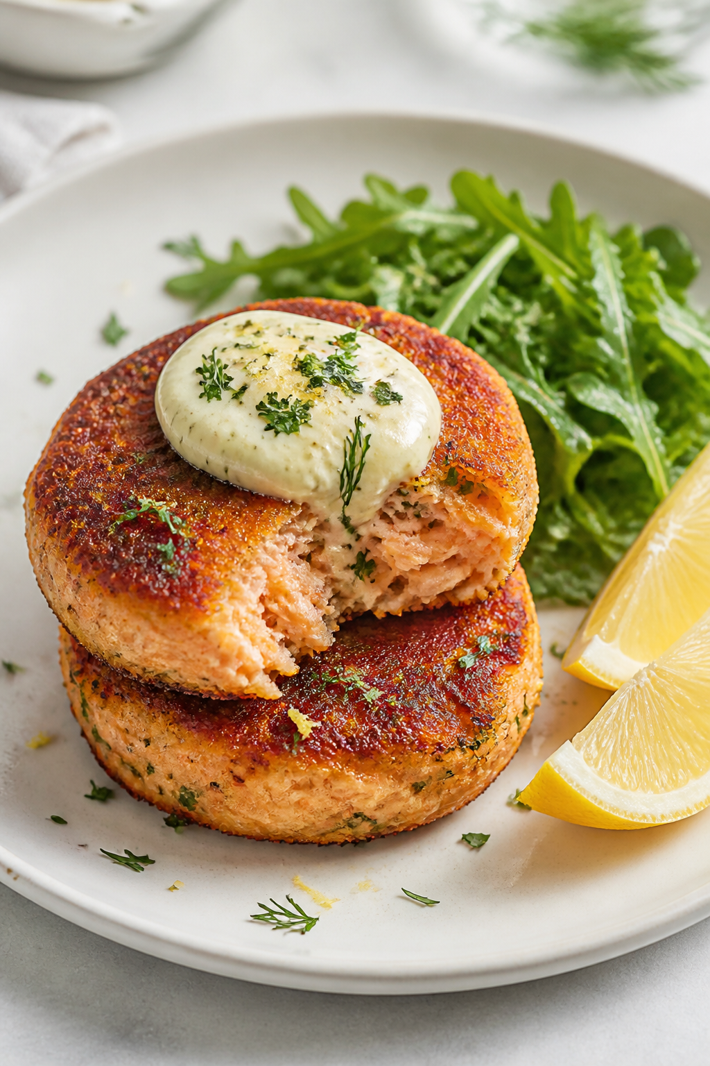 Final dish presentation: Two keto salmon cakes stacked slightly offset on a matte white plate, toppe