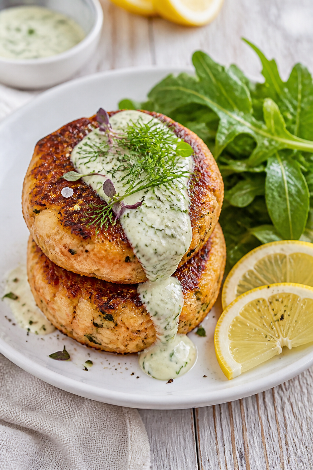 Final dish presentation: Two lemon dill keto salmon cakes stacked slightly offset on a white ceramic