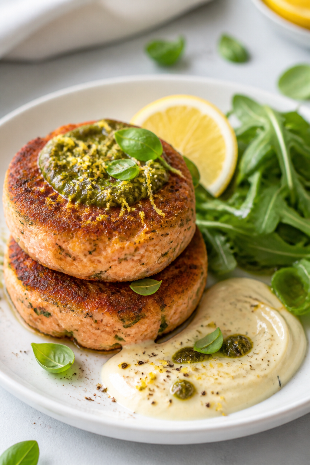 Final dish presentation: Two Pesto Parmesan Keto Salmon Cakes stacked slightly offset on a white cer