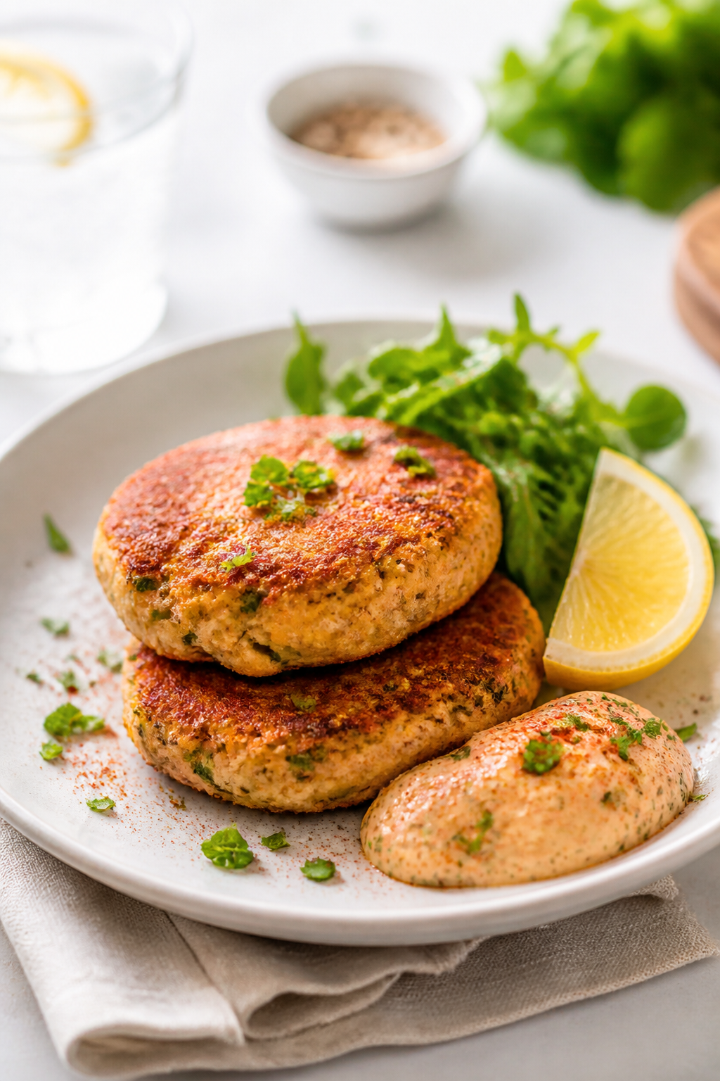 Final dish presentation: Two salmon cakes stacked slightly offset on a matte white plate with a gene