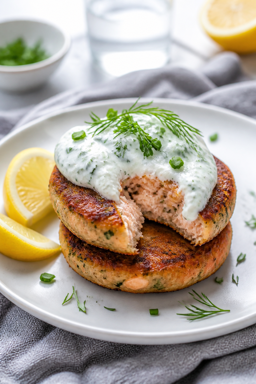 Final dish presentation: Two smoked salmon keto patties stacked slightly offset on a matte white pla