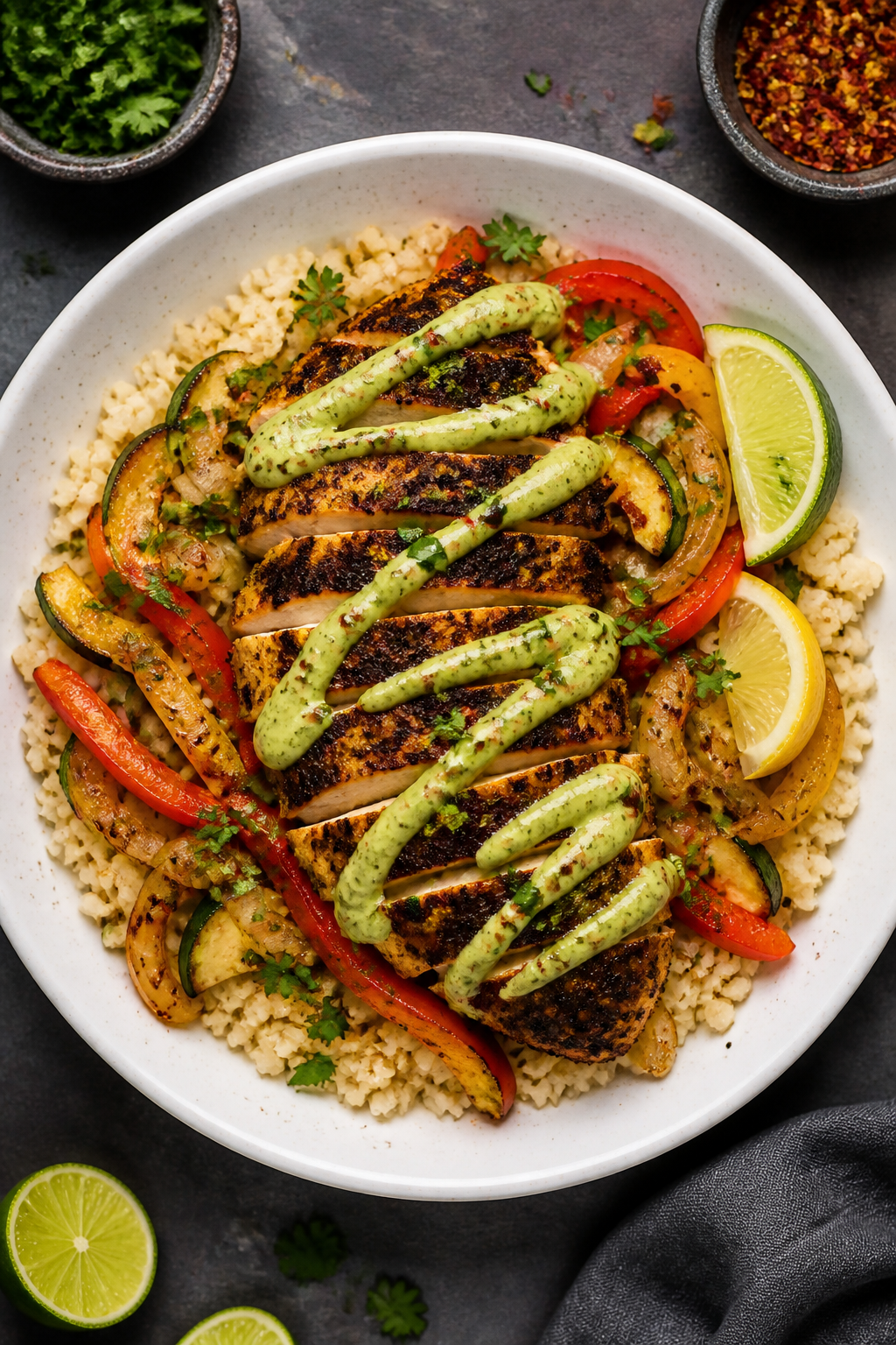 Final dish top view: Healthy Keto Cajun Chicken Bowl assembled in a wide, shallow bowl—bed of caul